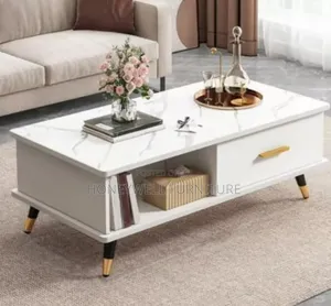 White Center Table With Drawer and Storage With Gold Color Handle