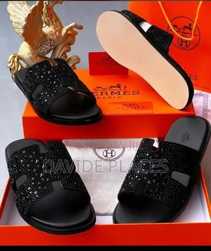 Quality Original Hermes Leather Stone Slide Black