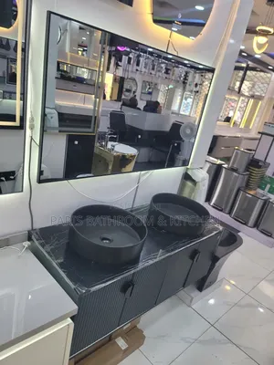 Luxury Double Bathroom Vanity Set Black Cabinet, Marbletop, Led Mirror