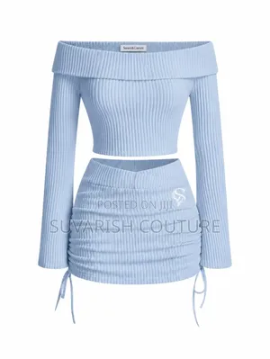 Women's Baby Blue Ribbed Off-Shoulder Two-Piece Mini Skirt Set