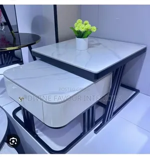 Modern 2-Tier Marble Top Coffee Table Set With Drawer Metal Frame