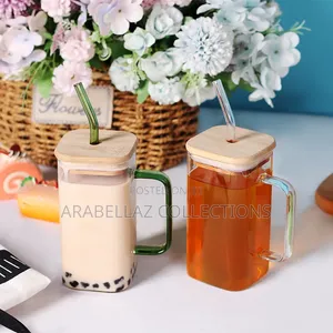 Eco-Friendly High Borosilicate Milk Tea Square Glass With Bamboo Lid