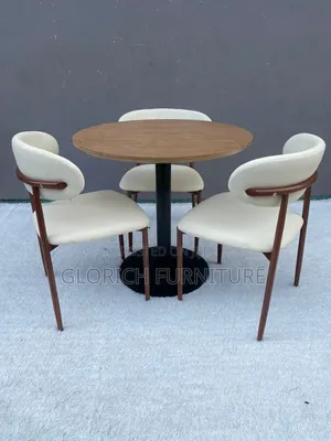 Round Wood-Top Dining Set – 4-Seater With Cream Leatherette Armchairs