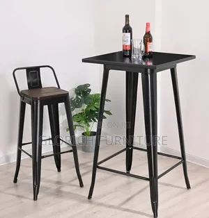 Industrial Bar Table Stool Set – Black Metal With Wood Seat