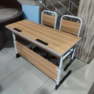 Double Student Desk Chair Set –Wood-Grain Top With White Metal Frame