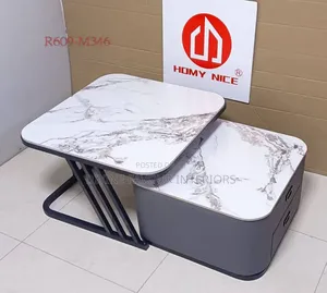 Modern 2-Tier Marble Top Coffee Table Set With Drawer Metal Frame