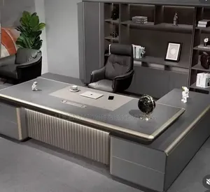 High-End Ceo Workstation With Large Bookcase and Fluted Modesty Panel