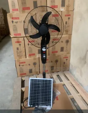 Solar Standing Fan (Charweek) With Panel, Remote, and Bulbs
