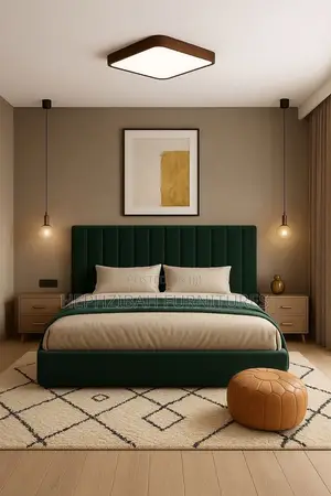 6 X 6 Army Green Upholstered Bedframe With Bedside Drawers