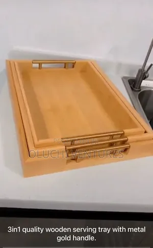 Your 3 in One Quality Serving Wood Tray With Gold Handle Available