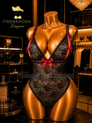 Black With Red Sheer Net Bodysuit Open Bust and Open Crotch