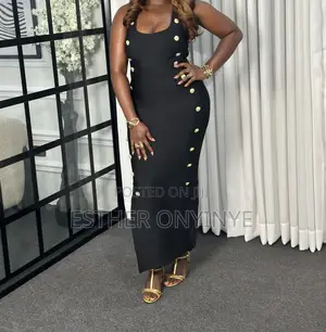 Black Bodycon Bandage Dress. With Gold Buttons Design