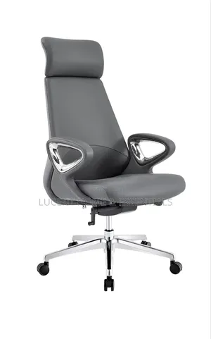 Luxury Grey Leather Executive Chair With Futuristic Metallic Armrests