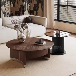 Round Wooden Coffee Table + Black Side Table