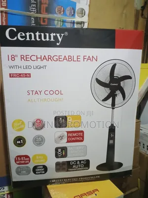 18" Century Rechargeable Standing Fan, Black Color With 1 Yr Warranty