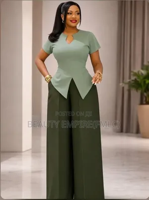 Keyhole Peplum Top High-Waist Wide-Leg Pants Set for Classy Ladies