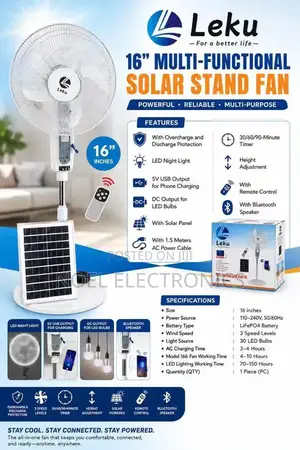 Leku Multifunctional 16 Inch Solar Fan With Bluetooth Speaker
