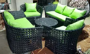 Black Rattan Sofa Set With Lime Green Cushions