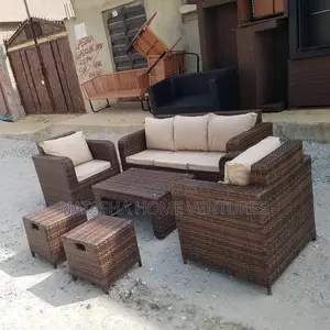 Brown Rattan Living Room Sofa Set With Beige Cushions