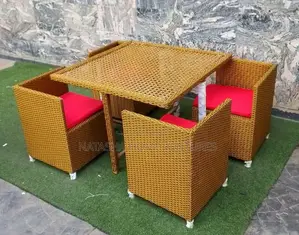 Golden Rattan Cube Dining Set With Red Cushionsu