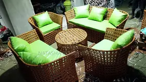 Brown/Natural Rattan Barrel Chair Set With Green Cushions 6 Seater Set