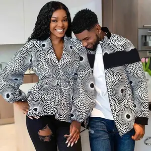V-Neck Lantern Sleeve Top and Jacket Print Outfit