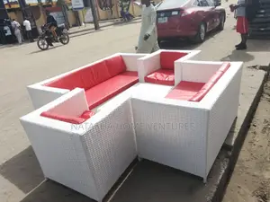 White Rattan L-Shape Sectional Sofa Set With Red Cushions 6 Seaters