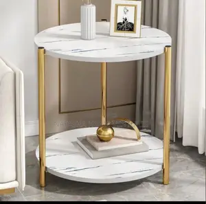 Two-Tier Round Marble-Effect Side Table With Gold Legs
