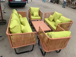 Rope/Rattan Outdoor Sofa Set With Lime Green Cushions 6 Seaters