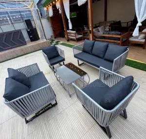 Grey Rope Outdoor Lounge Set With Black Cushions 6 Seaters