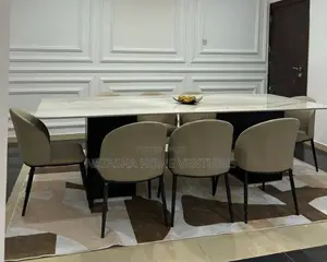 Marble-Top Rectangular Dining Table With Taup Leather Chairs8 Seaters
