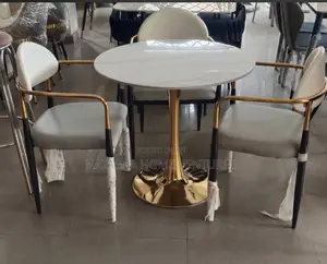 Round White Marble Dining Set With Gold Tulip Base (3-Seater) Hi