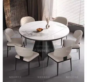 Round White Marble Dining Set With Dark Pedestal Base (6-Seater)