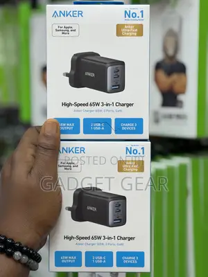Original Anker 65w 3-in-1 Fast Charger (2 Usb-C + 1 Usb-A) Gan Charger