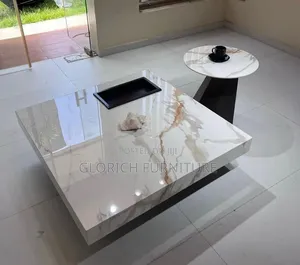 Square Marble Coffee Side Table Set – High-Gloss White Stone