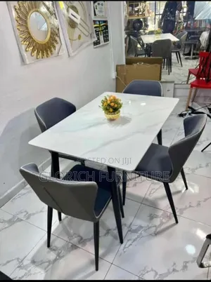 Rectangular Marble-Top Dining Set – 4-Seater With Grey Contrast-Stitch