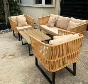 Outdoor Rope Weave Sofa Set– 3-Piece Lounge Suite With Wood-Top Coffee