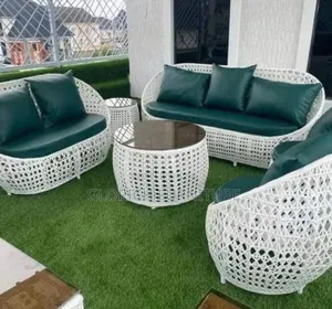Outdoor Rattan Sofa Set – White Wicker Lounge Suite With Emerald Green