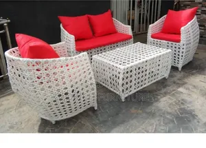 Outdoor Rattan Sofa Set – White Wicker Lounge Suite With Red Cushions