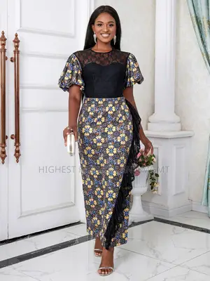 Lace Patchwork Puff Sleeve Ruffles Print Dress