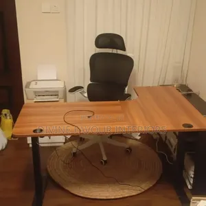 L Shape Electric Adjustable Desk Brown With Ergonomic Chair White Back