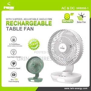 8"Iwin Rechargeable Ac/Dc Table Fan,With 3 Speed Adjustable Angle Fan