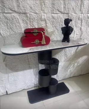 Marble-Top Console Table With Black Cylinder Base
