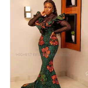 Lace Sleeve Print Long Fishtail Dress