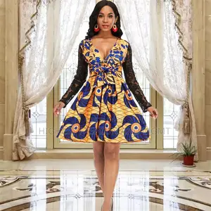 Print High Waist Lace Sleeve Dress