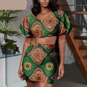 Bob Sleeve Crop Top and Mini Skirt 2 Piece Print Outfit