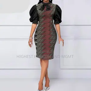 Puff Sleeve Bow Colar Print Dress