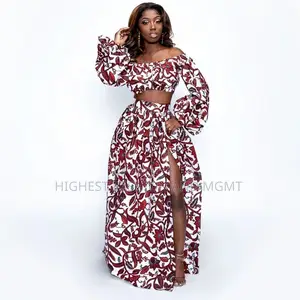 Print Lantern Sleeve Crop Top and Skirt