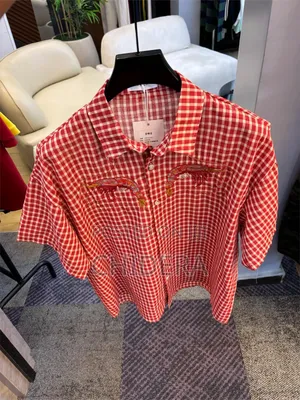 Brand New Red Plaid Short Sleeve Shirt With Premium Shrimp Embroidery