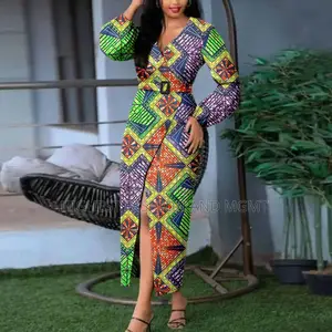 V-Neck Long Sleeve Front Slit Print Dress